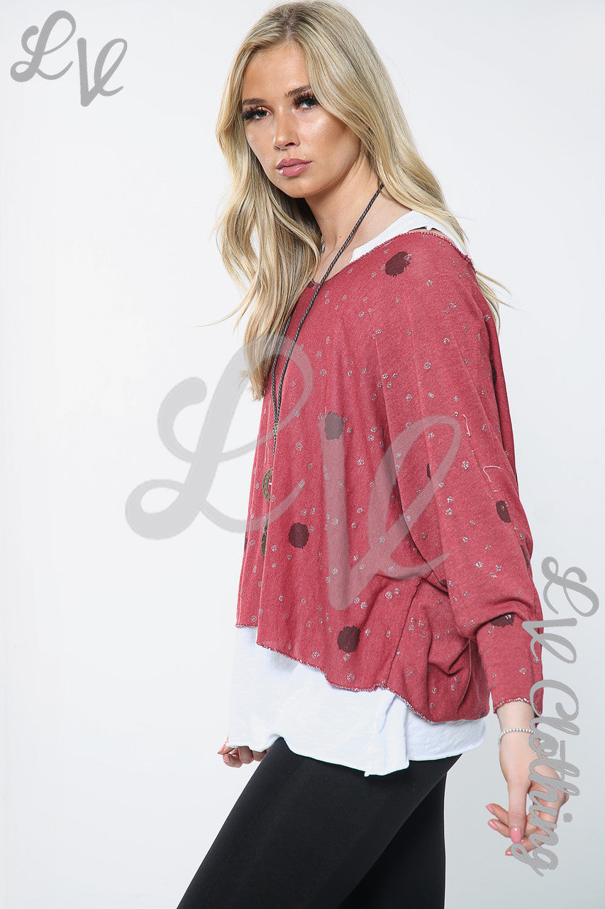 Ladies Twin Layer Spot Print Top With Necklace Burgundy Unit Price £11.99