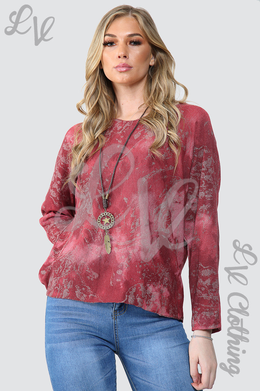 Dames Acid Wash Top met Glitters en Ketting Bordeaux - Prijs per stuk €10,99