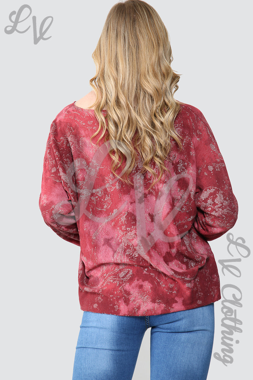 Dames Acid Wash Top met Glitters en Ketting Bordeaux - Prijs per stuk €10,99