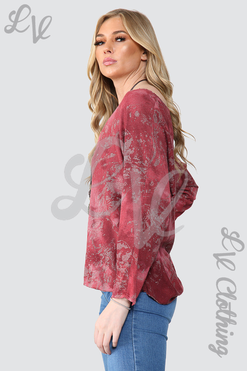 Dames Acid Wash Top met Glitters en Ketting Bordeaux - Prijs per stuk €10,99