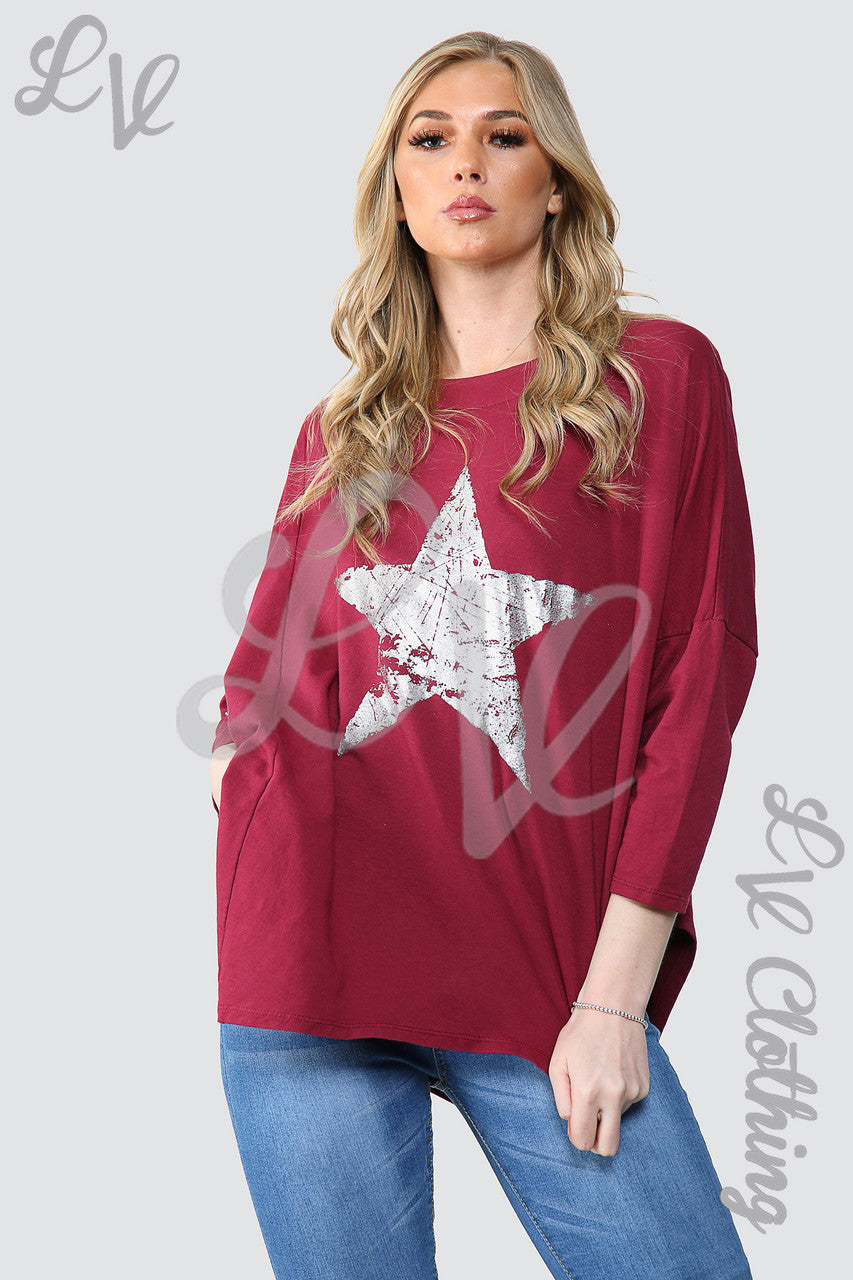 Ladies Silver Foil Star Oversized Tunic Top Burgundy - Unit Price £11.99