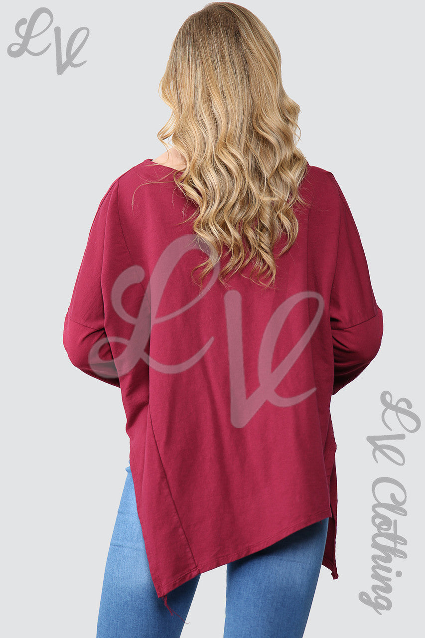 Ladies Silver Foil Star Oversized Tunic Top Burgundy - Unit Price £11.99