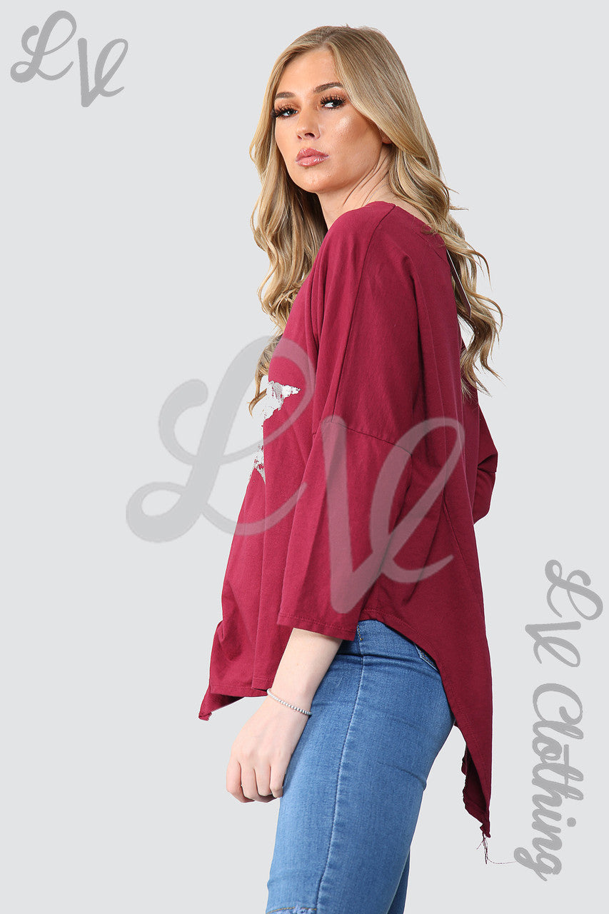 Ladies Silver Foil Star Oversized Tunic Top Burgundy - Unit Price £11.99