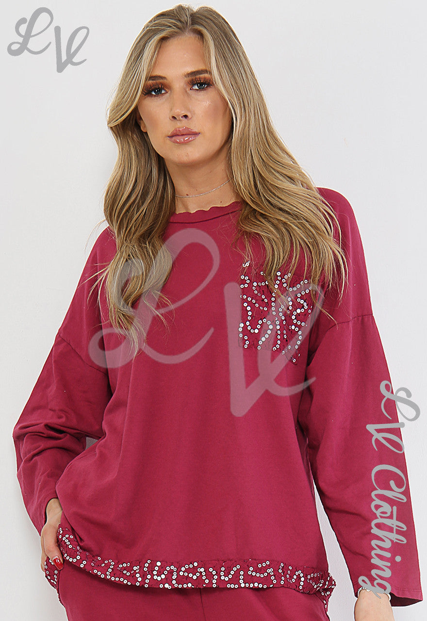 Dames Sweatshirt Top met Pailletten Bordeauxrood - Prijs per stuk €10,99