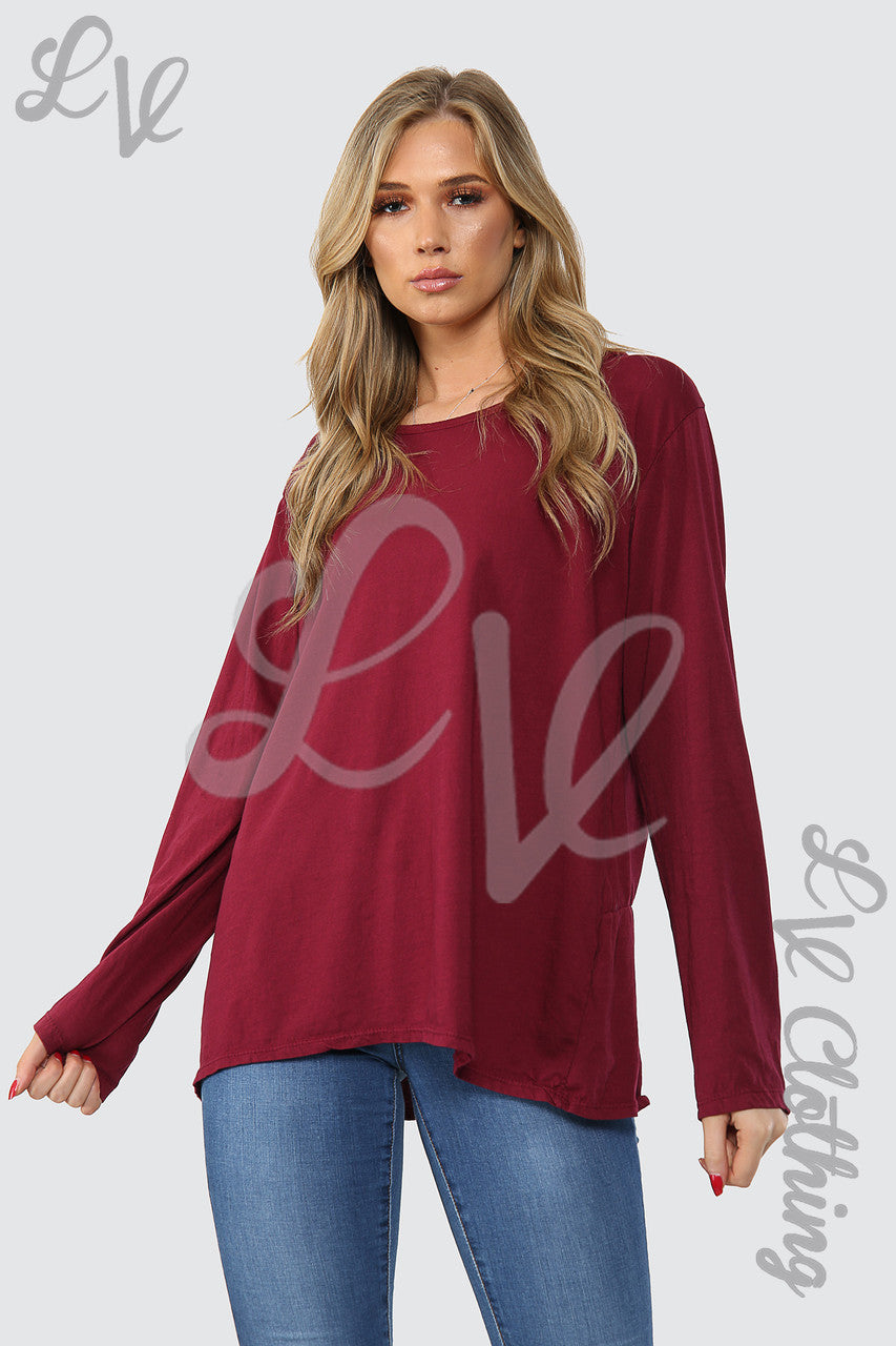 Ladies Plain Button Back Oversized Top Burgundy - Unit Price WAS 9.99 NOW £4.99