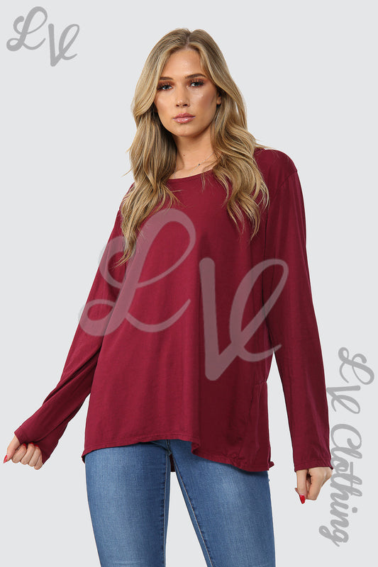 Ladies Plain Button Back Oversized Top Burgundy - Unit Price WAS 9.99 NOW £4.99