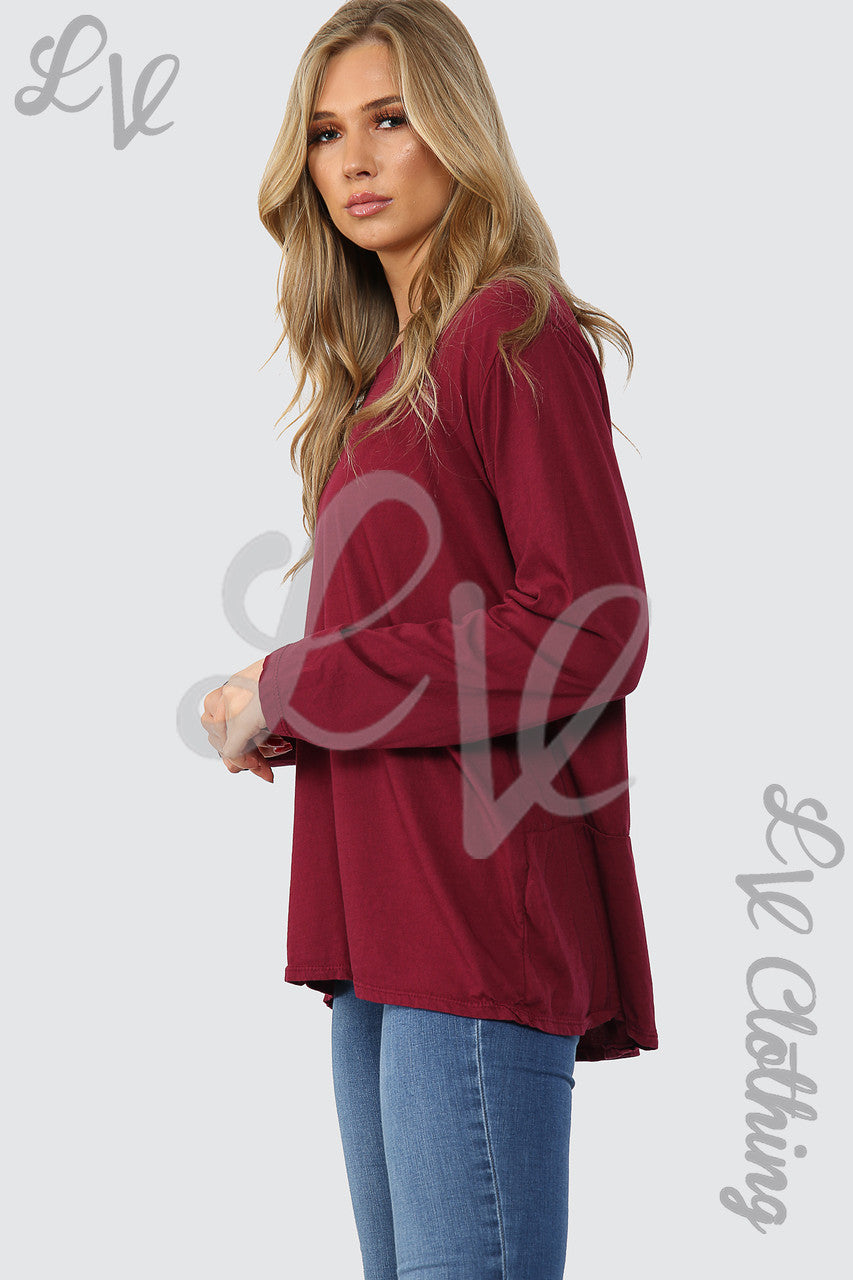 Ladies Plain Button Back Oversized Top Burgundy - Unit Price WAS 9.99 NOW £4.99