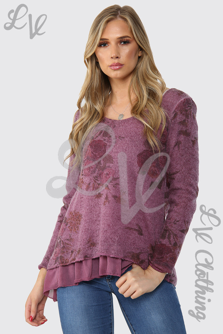 Dames gebreide top met bloemenmotief, dubbellaags, bordeauxrood, eenheidsprijs £ 13,99