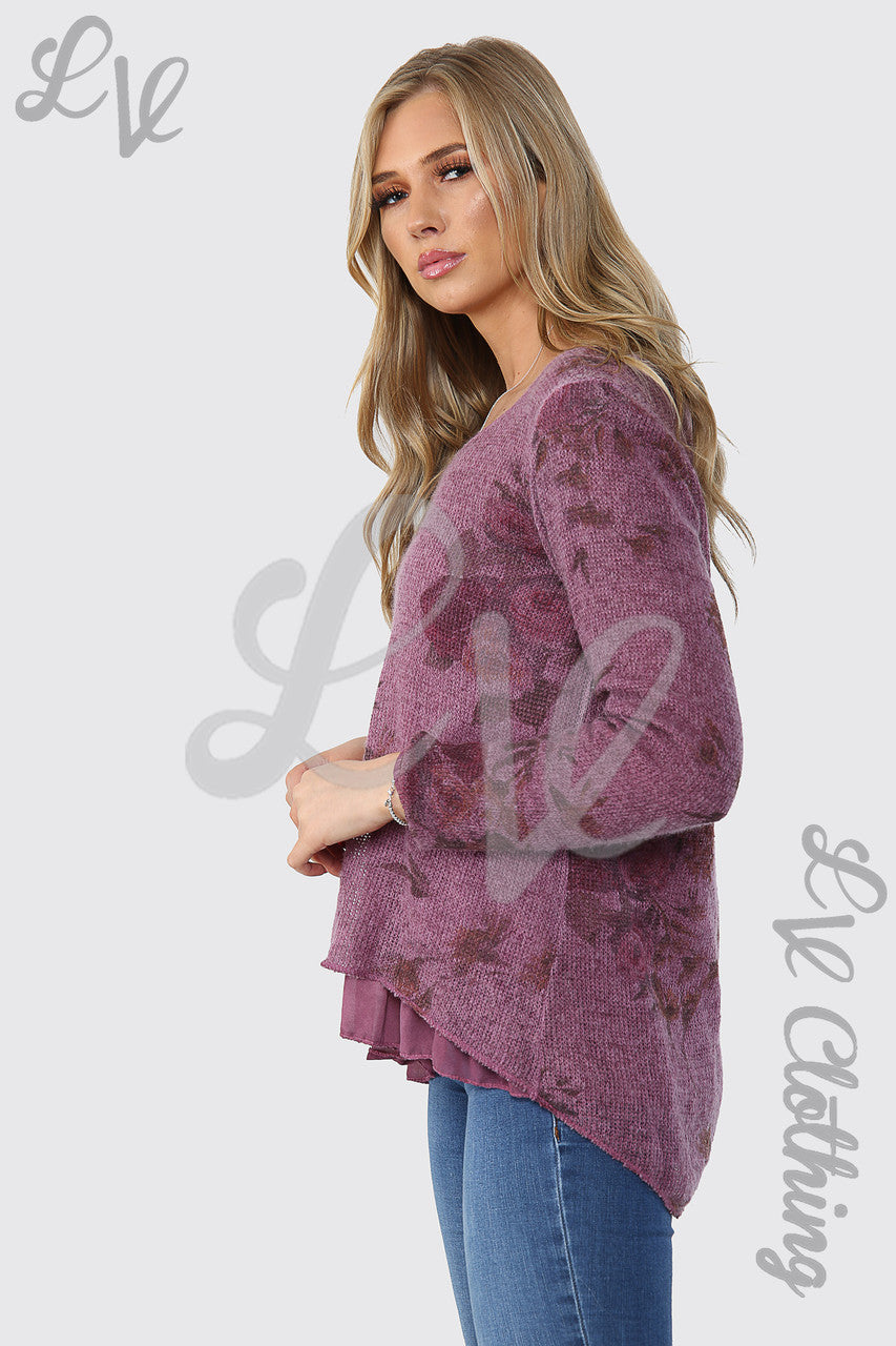 Dames gebreide top met bloemenmotief, dubbellaags, bordeauxrood, eenheidsprijs £ 13,99