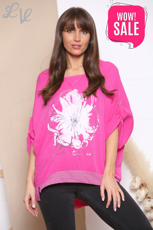 Ladies Floral Foil Graphic Top Cerise