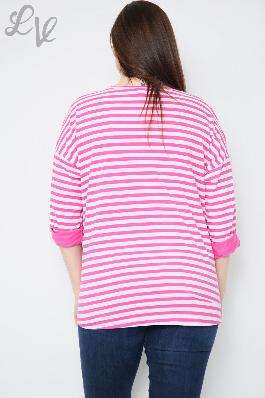Dames gestreepte top met oprolmouwen kersrood, stukprijs WAS €8,99 NU €5