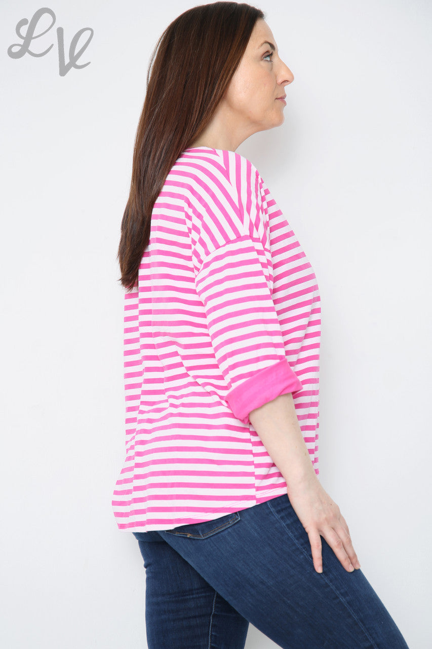 Dames gestreepte top met oprolmouwen kersrood, stukprijs WAS €8,99 NU €5
