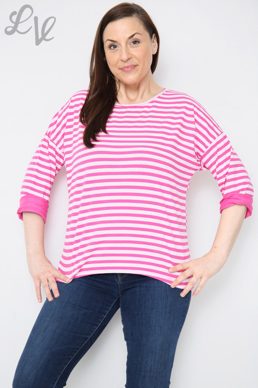 Dames gestreepte top met oprolmouwen kersrood, stukprijs WAS €8,99 NU €5
