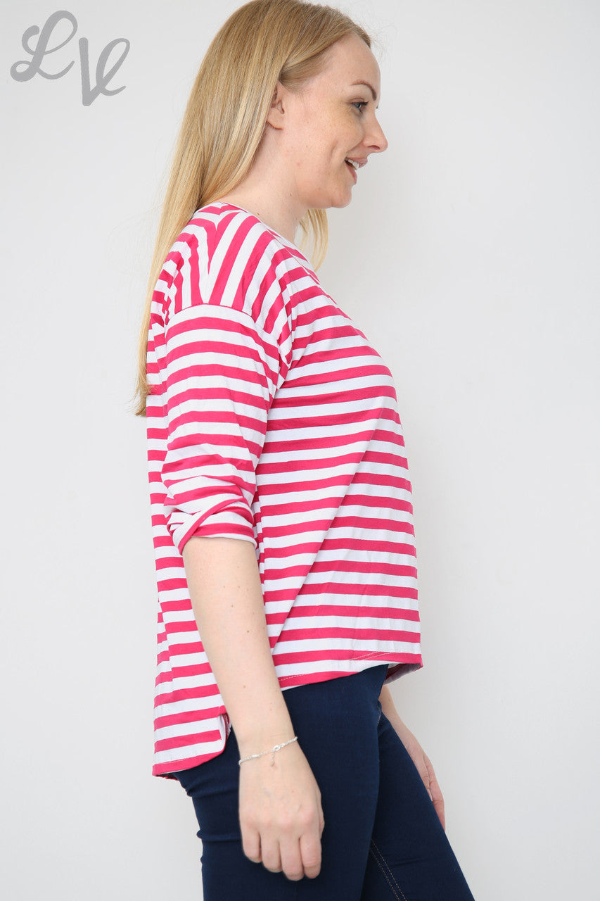Ladies Stripe Roll Sleeve Top Cerise Unit Price £4.99