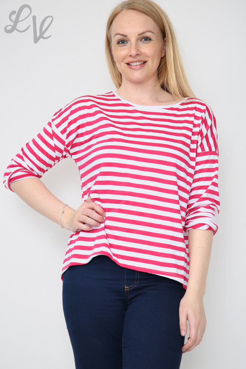 Ladies Stripe Roll Sleeve Top Cerise Unit Price £4.99