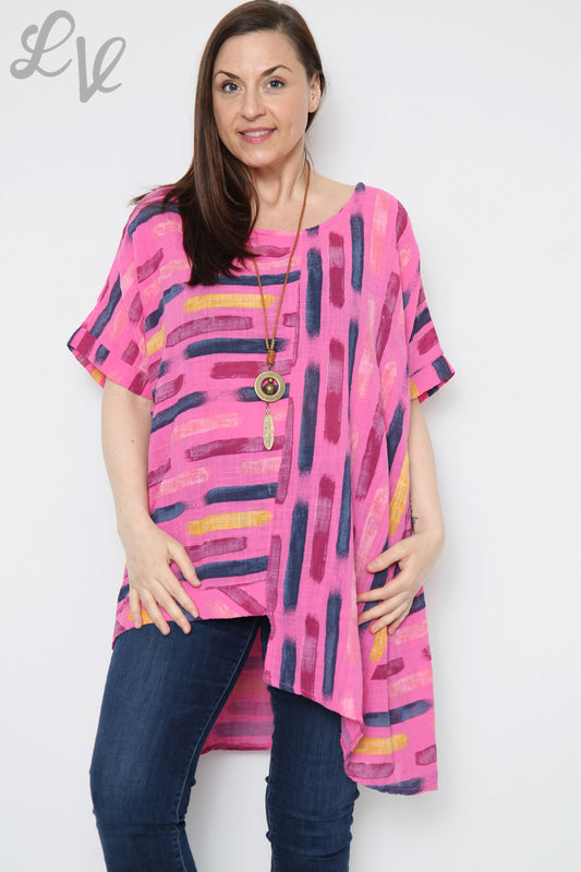 Ladies Paint Stripes Print Asymmetrical Top Cerise Unit Price £8.99