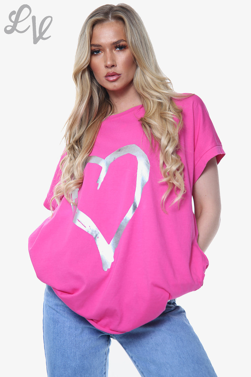 Dames Folie Hart Grafisch Top Cerise Stukprijs € 10,99