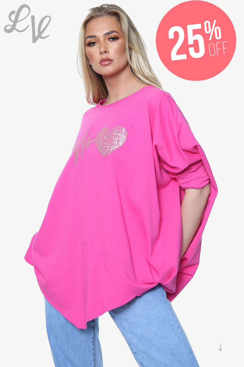 Dames Heartbeat Grafische Sweatshirt Top Cerise Stukprijs WAS €13,99 NU €10,49