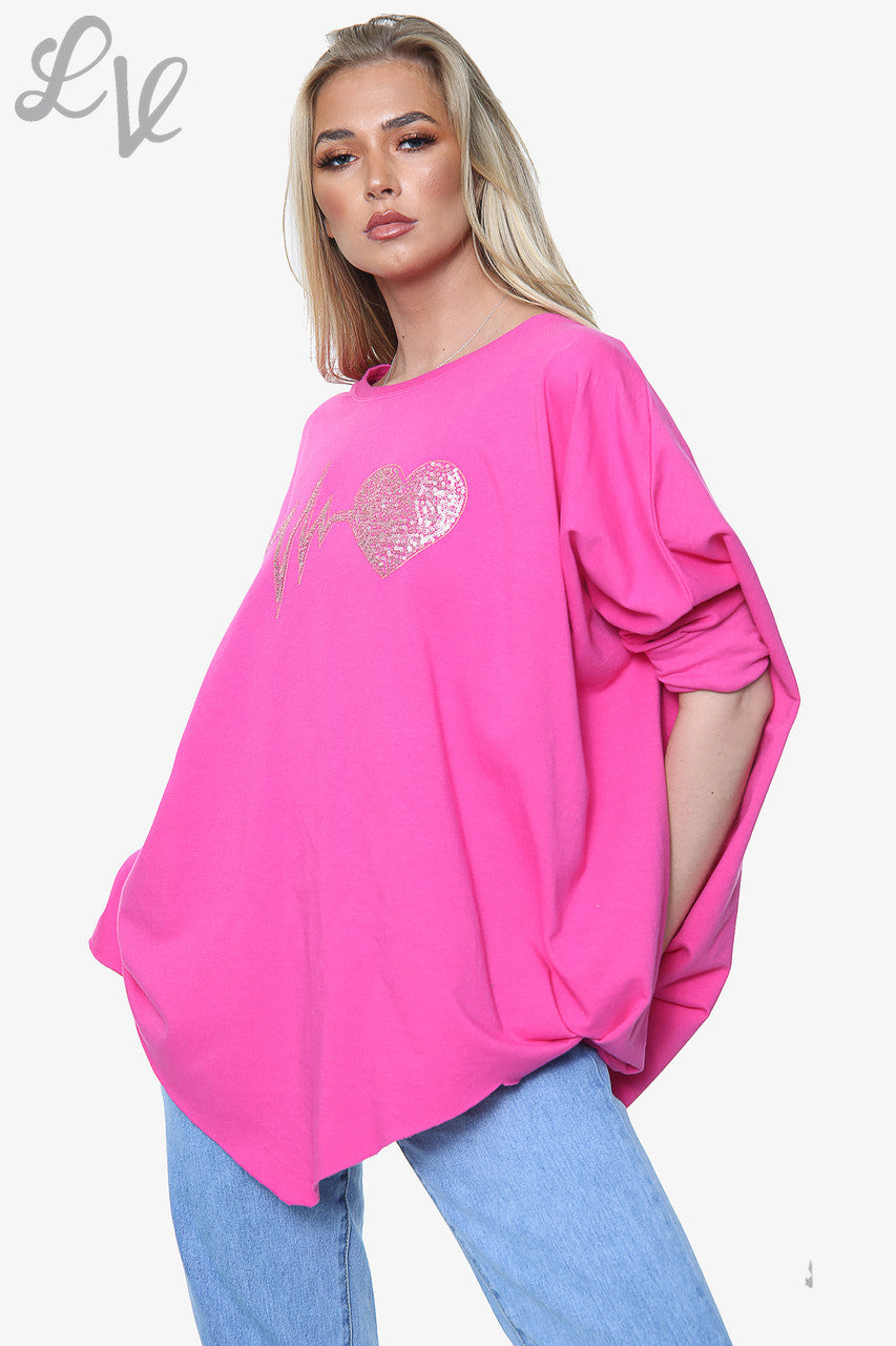 Dames Heartbeat Grafische Sweatshirt Top Cerise Stukprijs WAS €13,99 NU €10,49