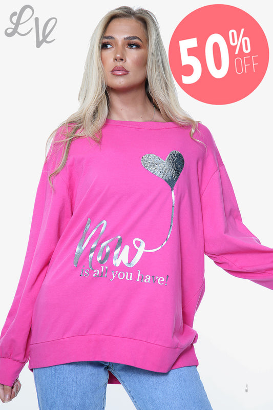 Ladies 'Now Is All You Have' Foil Graphic Top Cerise Unit Price WAS £12.99 NOW £6.49