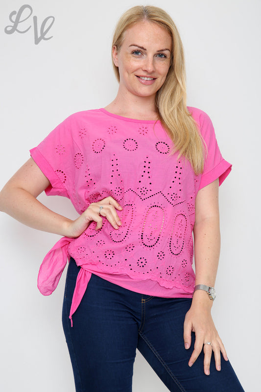 Ladies Anglaise Tie Side Top Cerise - Unit Price £10.99