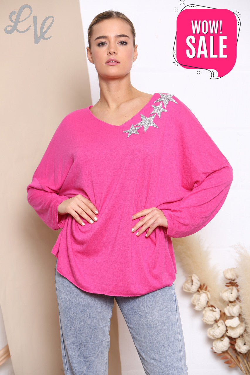 Ladies Sequin Star Shoulder Fine Knit Jumper Top Cerise