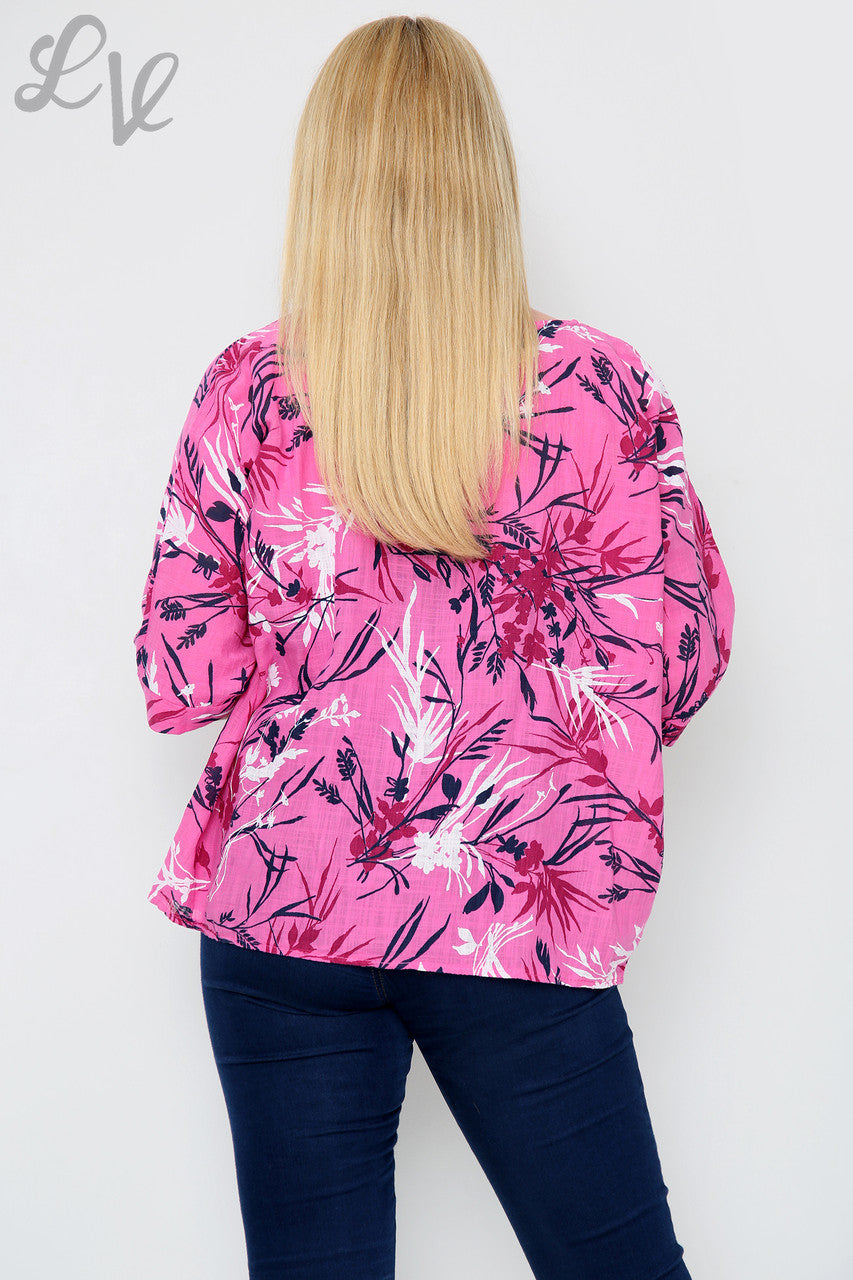 Dames Top met Bladerenprint Cerise Stukprijs € 7,99