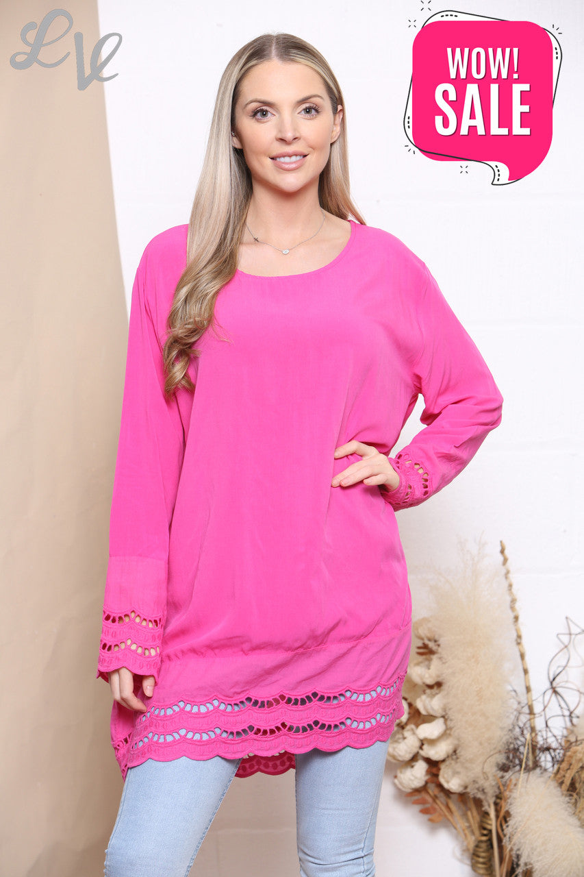 Ladies Lace Hem Bottom & Sleeves Top Cerise