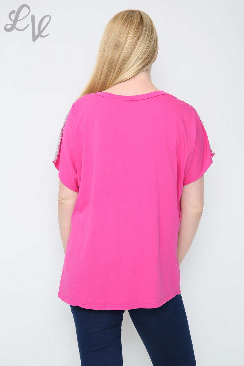 Dames Top met Pailletten Liefdeshart en Schouder Cerise Prijs per eenheid €8,99
