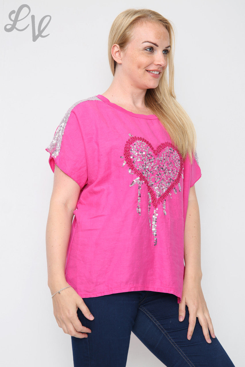 Dames Top met Pailletten Liefdeshart en Schouder Cerise Prijs per eenheid €8,99