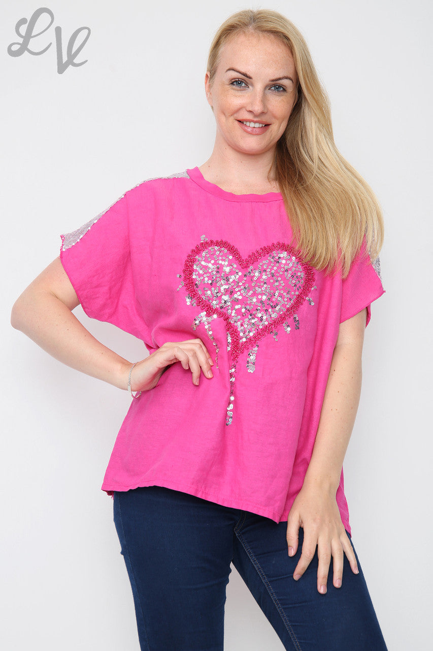 Dames Top met Pailletten Liefdeshart en Schouder Cerise Prijs per eenheid €8,99