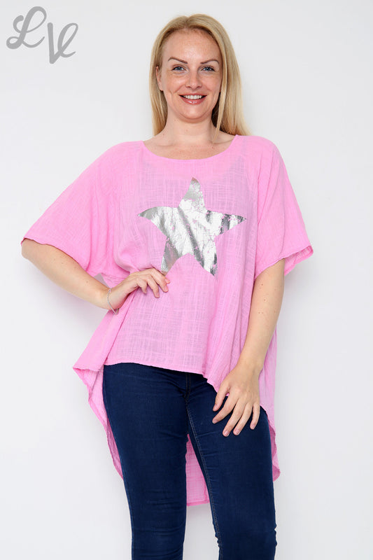 Ladies Foil Star Floaty Top Pink Unit Price £9.99