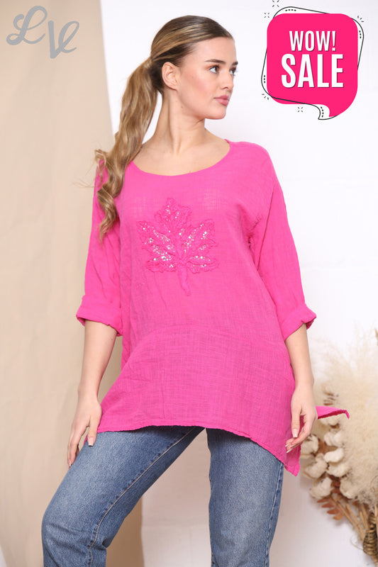 Dames Top Met Pailletten, Ruches En Bladprint Cerise