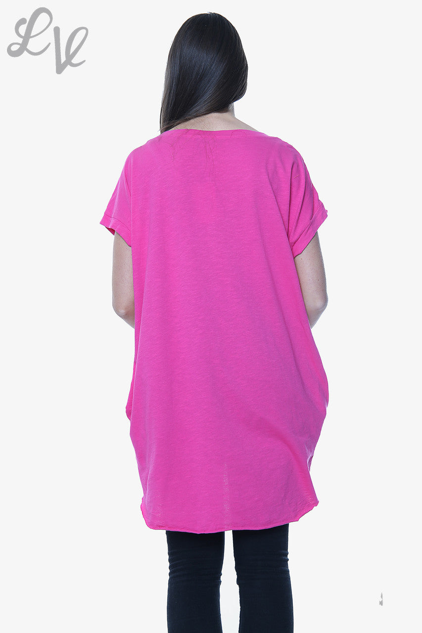 Dames linnen voorkant & katoenen achterkant folie hartjes top fuchsia per stuk €9,99
