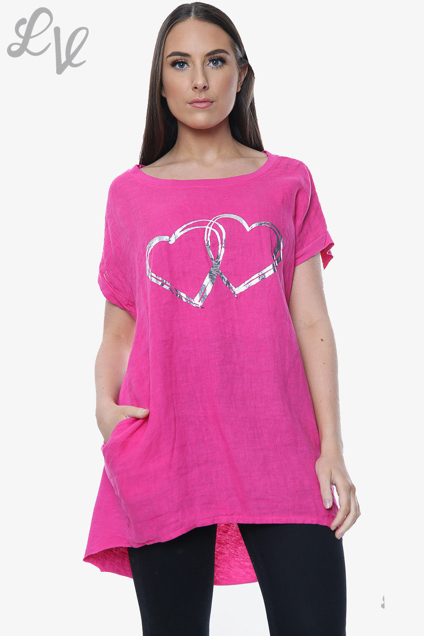 Dames linnen voorkant & katoenen achterkant folie hartjes top fuchsia per stuk €9,99