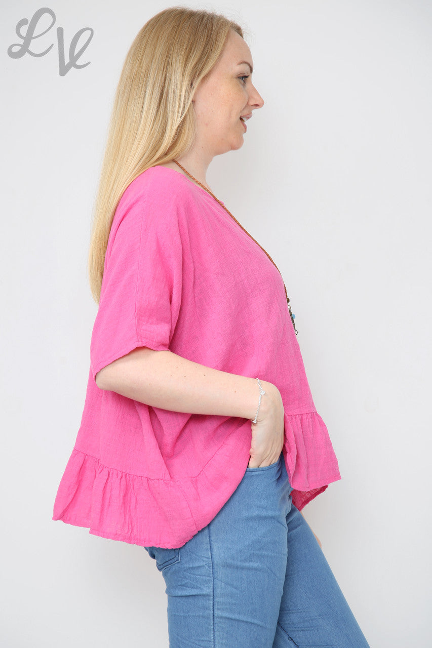 Ladies Frill Hem Top With Necklace Cerise