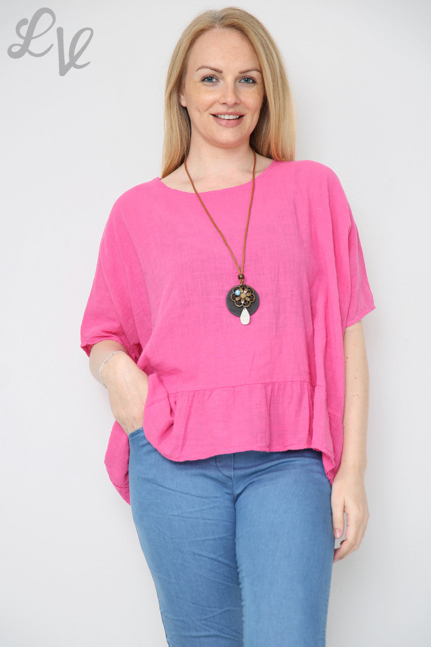 Ladies Frill Hem Top With Necklace Cerise