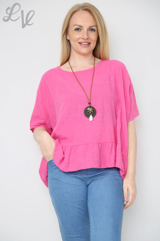 Ladies Frill Hem Top With Necklace Cerise