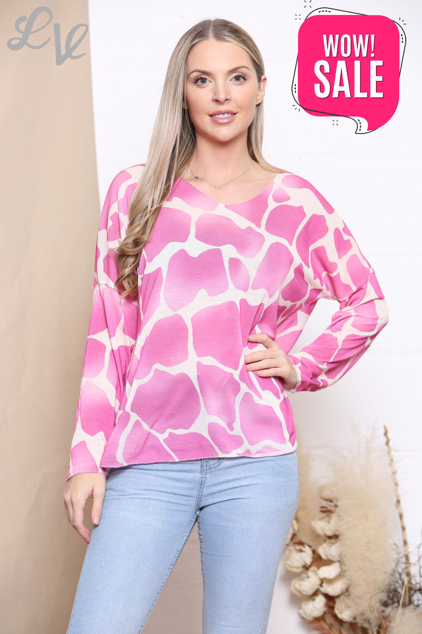 Dames Girafprint Fijngebreide Trui Top Cerise