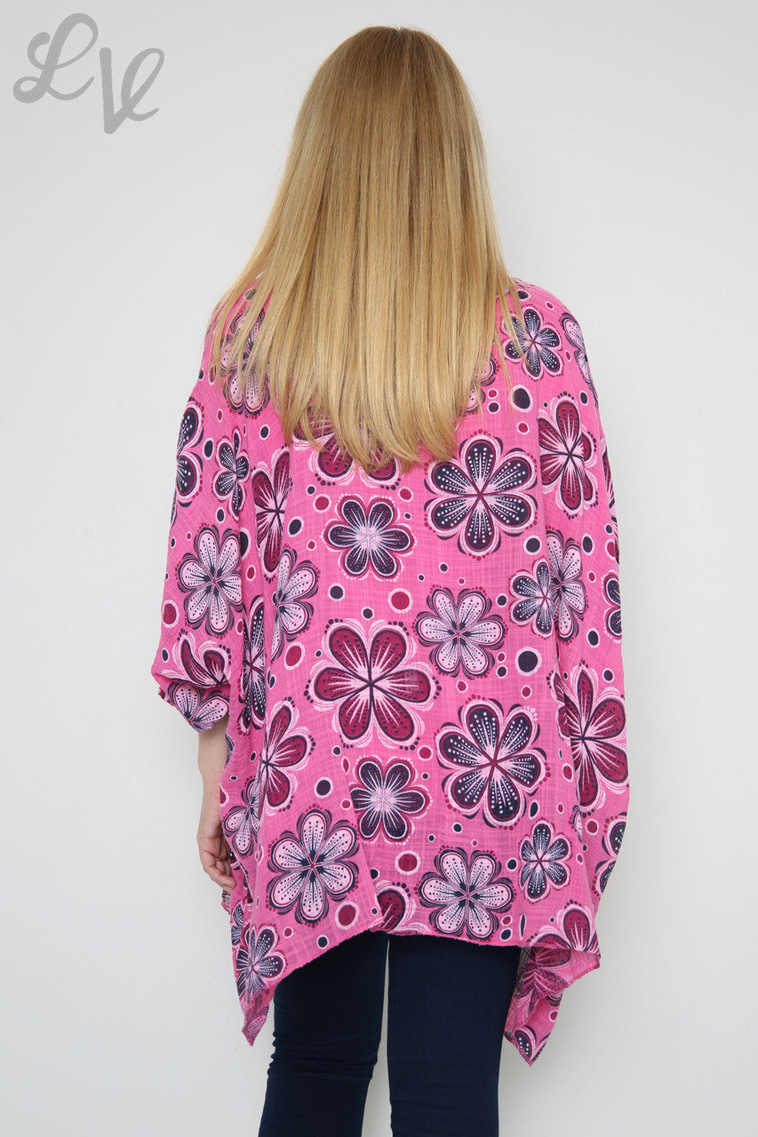 Dames Bloemenprint Vleermuismouw Top Cerise