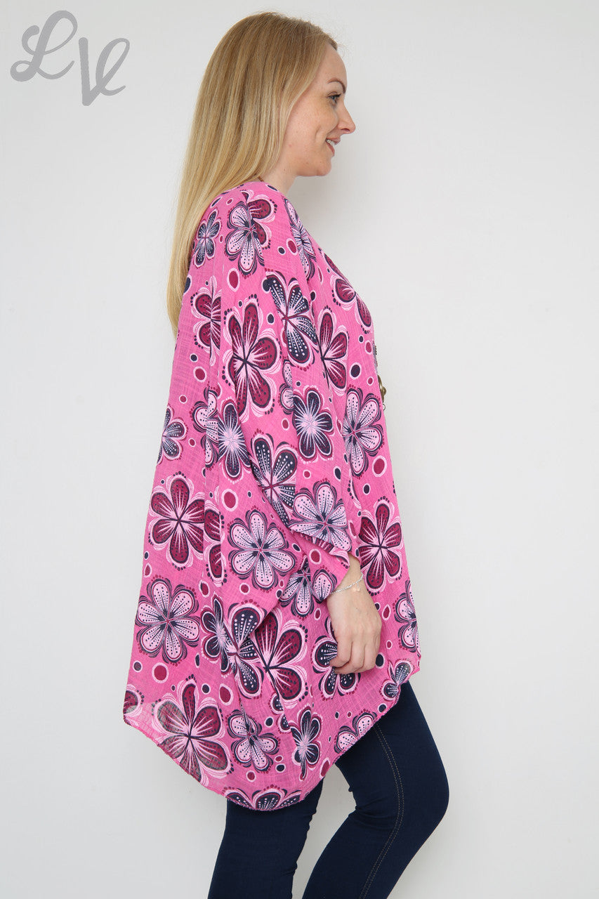 Dames Bloemenprint Vleermuismouw Top Cerise