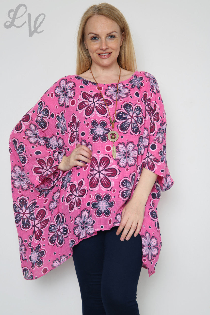 Dames Bloemenprint Vleermuismouw Top Cerise