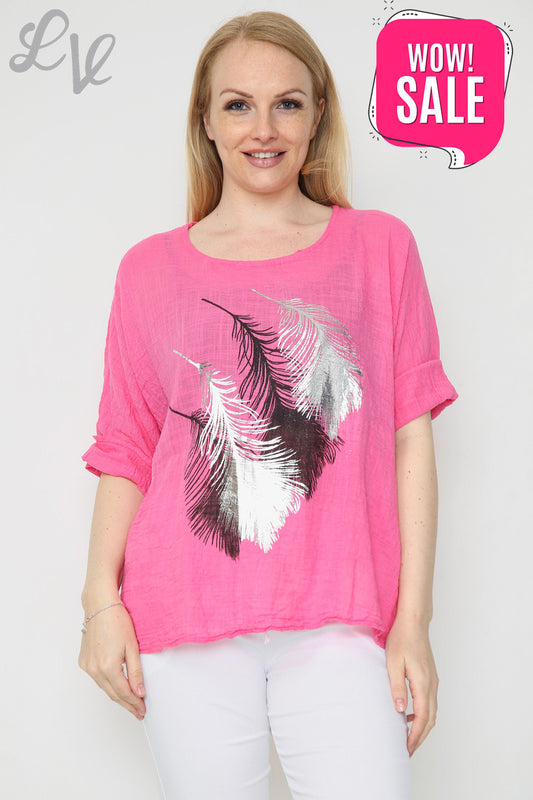 Ladies Foil Leaf Design Top Cerise