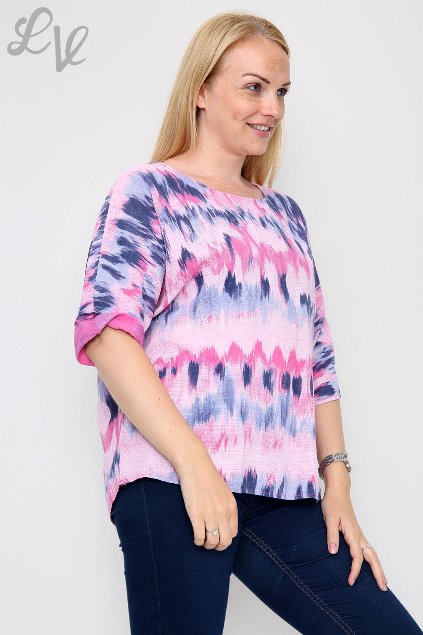 Ladies Tie Dye Stripes Print Simple Top Cerise Unit Price £7.99