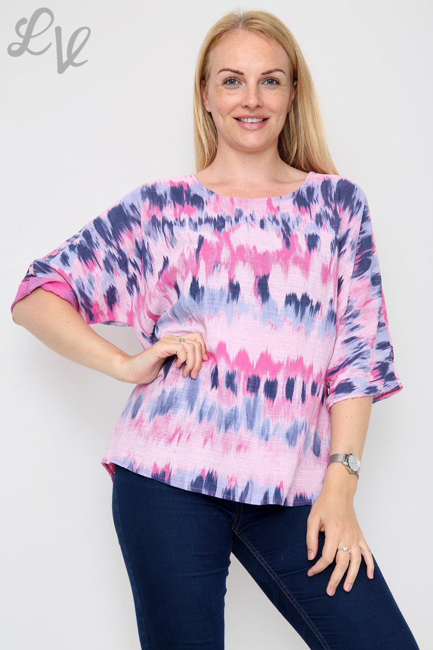 Ladies Tie Dye Stripes Print Simple Top Cerise Unit Price £7.99