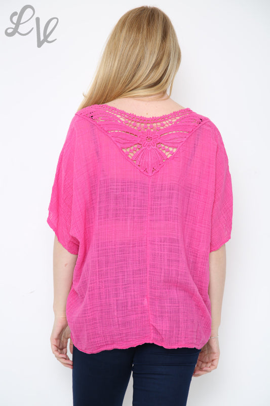 Ladies Crochet Back Top Cerise