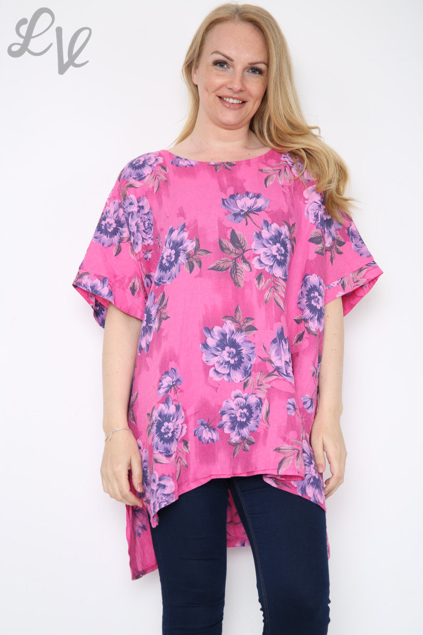 Dames top met bloemenprint en steel, cerise. Prijs per stuk € 12,99