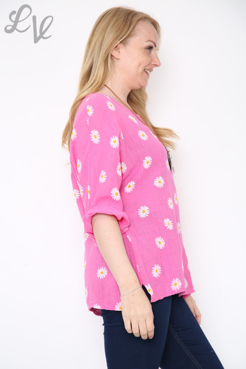 Ladies Daisies Floral Print Top Cerise