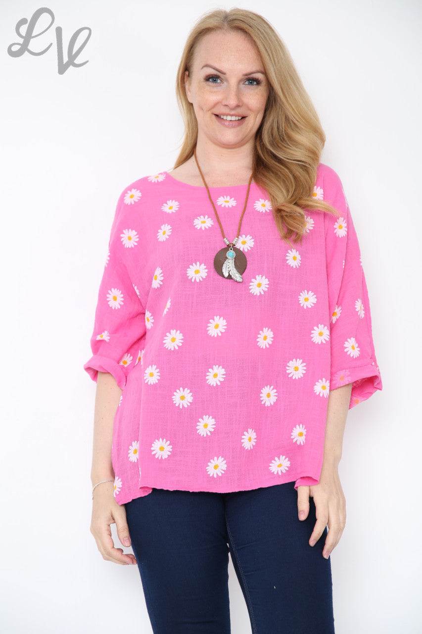 Ladies Daisies Floral Print Top Cerise
