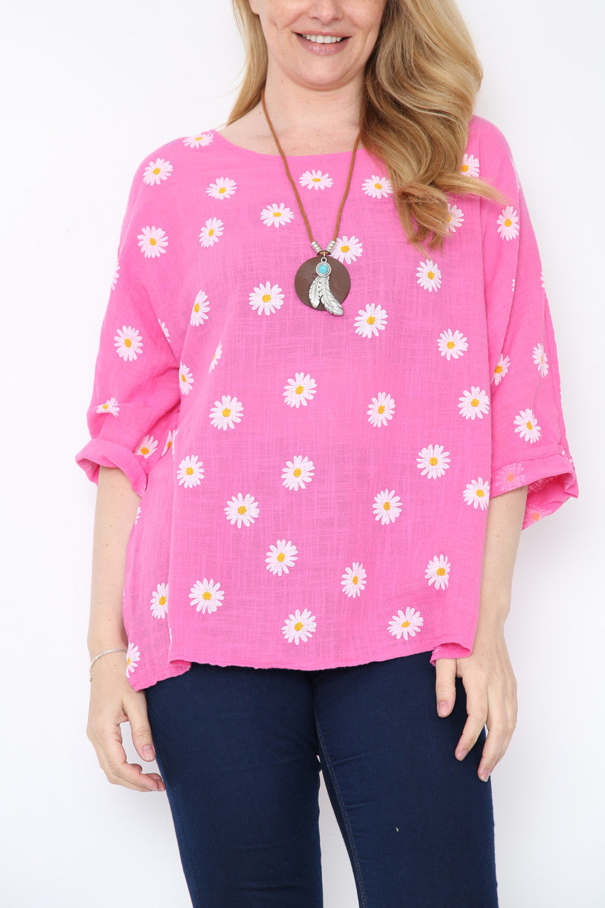 Ladies Daisies Floral Print Top Cerise